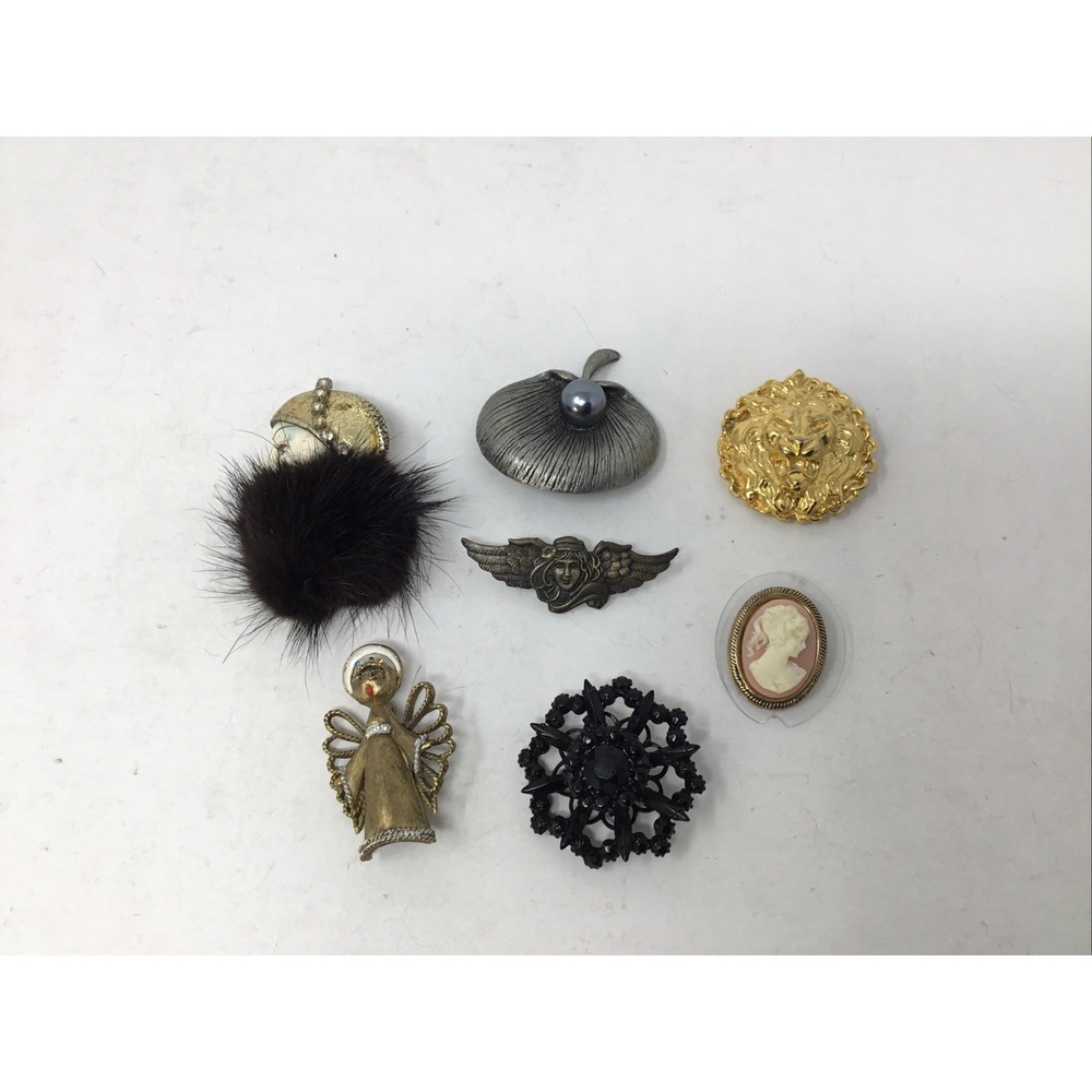 Vintage Costume Jewelry Brooches Faux Fur Lady Gold And Silver Plated Lion Angel